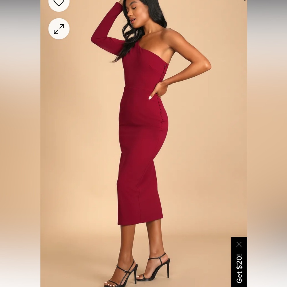 NWT Lulu’s Truly Tempted Burgundy One-Shoulder Cutout Midi Dress
